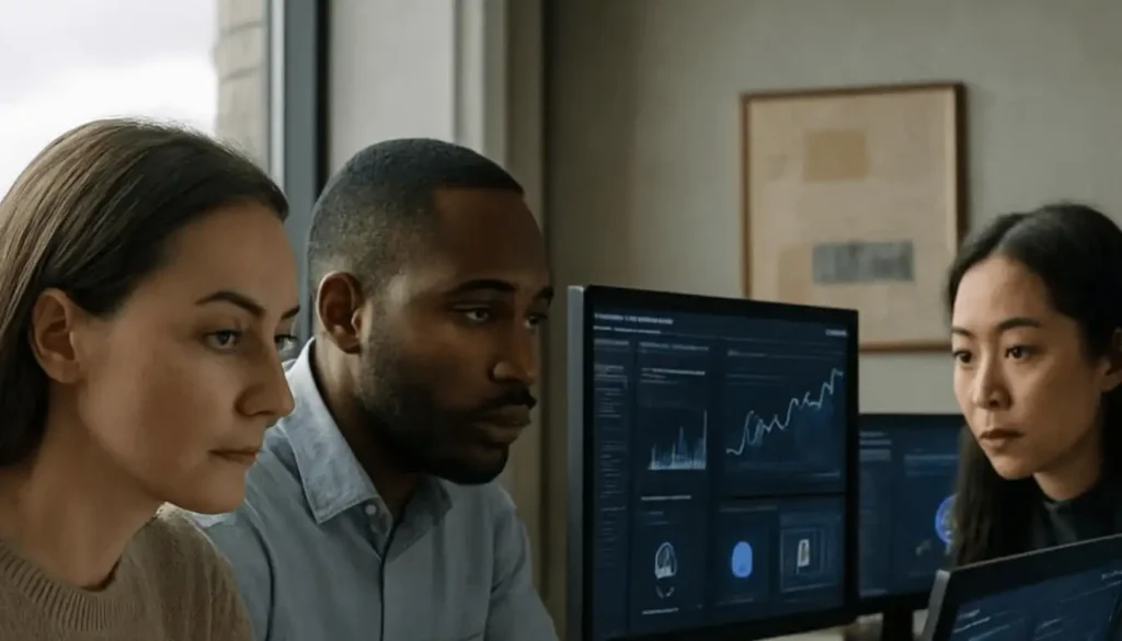 Diverse Professionals Collaborate In A Modern, Technology-Driven Office Environment. The Future of AI Tools for Business Analytics