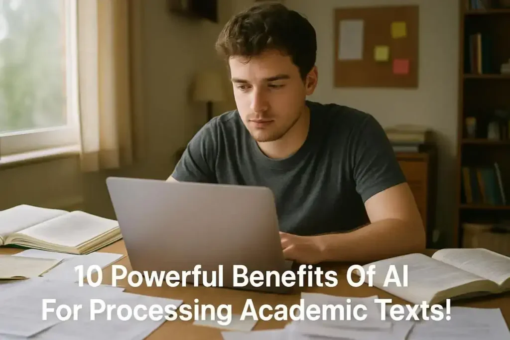 A Person Working On A Laptop In A Cluttered Home Office, With '10 Powerful Benefits Of Ai For Processing Academic Texts!' Overlaid At The Bottom Of The Image. 10 Powerful ai for processing academic texts