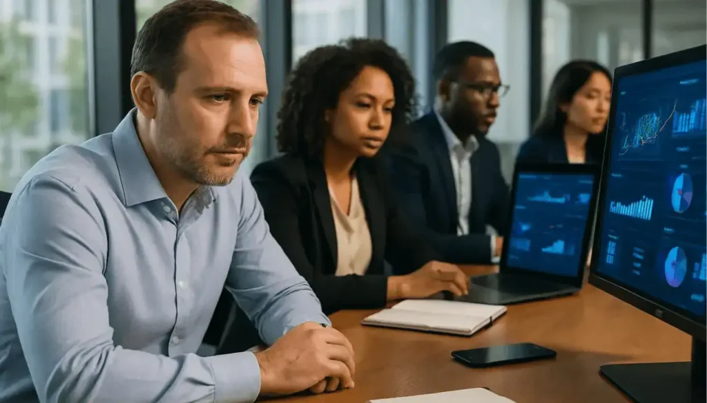 Business Professionals Collaborating Around A Sleek Wooden Conference Table In A Modern Office Space. Top AI Tools for Business Analytics