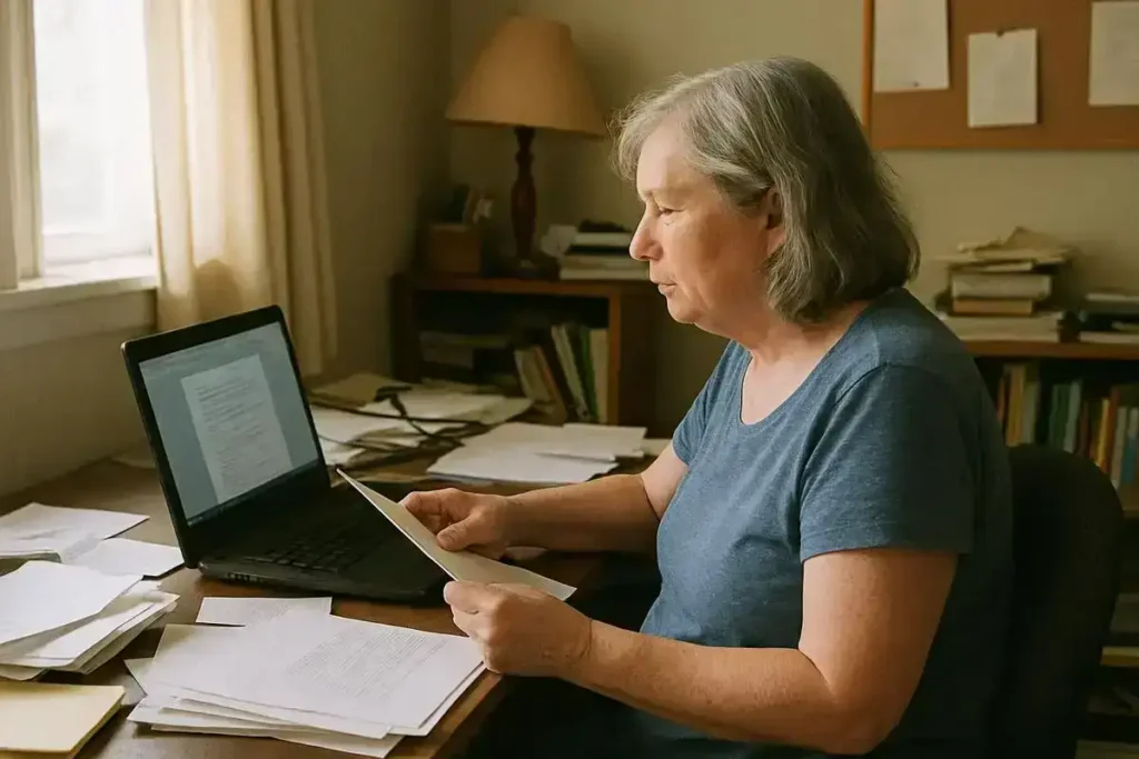 An Older Woman Sits At Her Cluttered Desk, Engrossed In Reading Papers On Her Laptop. ai for processing academic texts-how ai transforms academic text processing