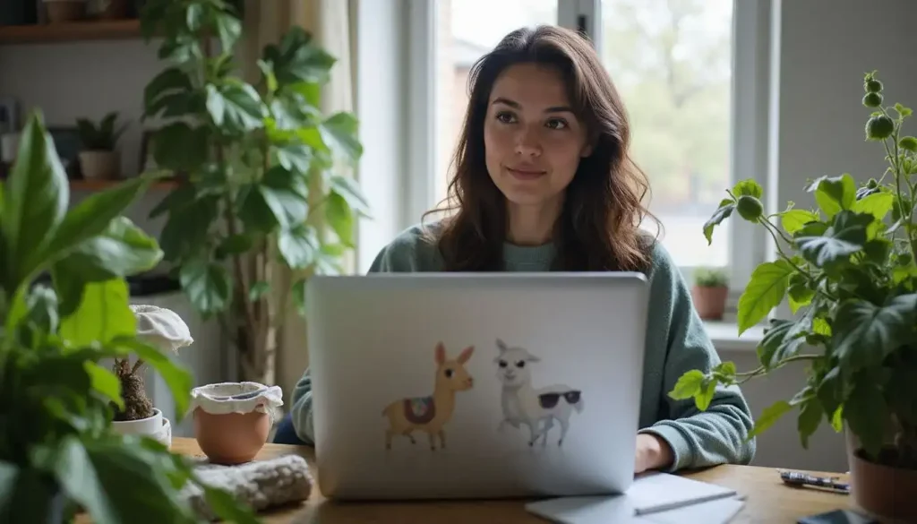 A Young Woman Uses An Ai Design Tool To Create Quirky Logos At Her Cluttered Home Office Desk. ai tools for creativity what are ai tools for creativity.
