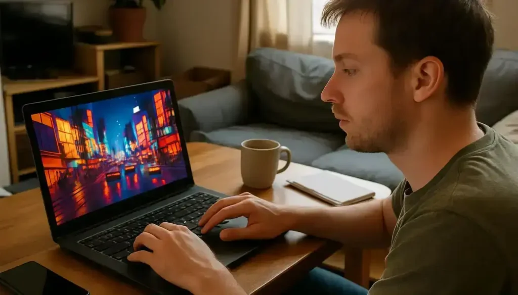 A Person Working On A Laptop At Home, Watching A Colorful City Animation On The Screen. basic ai tools for everyday use-ai tools for image and video generation