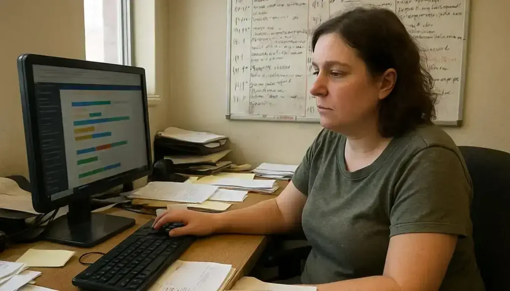 A Woman In Her 30S Works At A Cluttered Desk In A Typical Office Setting. basic ai tools for everyday use-ai tools for task and project management