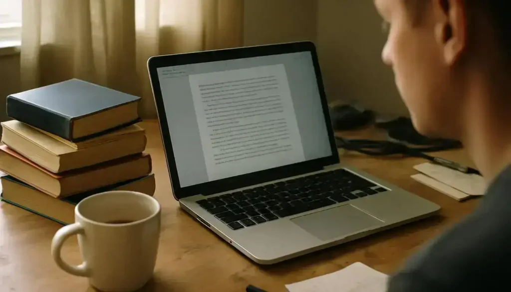 A Cluttered Home Workspace With An Open Laptop, Books, And A Partially Full Coffee Mug. basic ai tools for everyday use-ai tools for writing and text enhancement