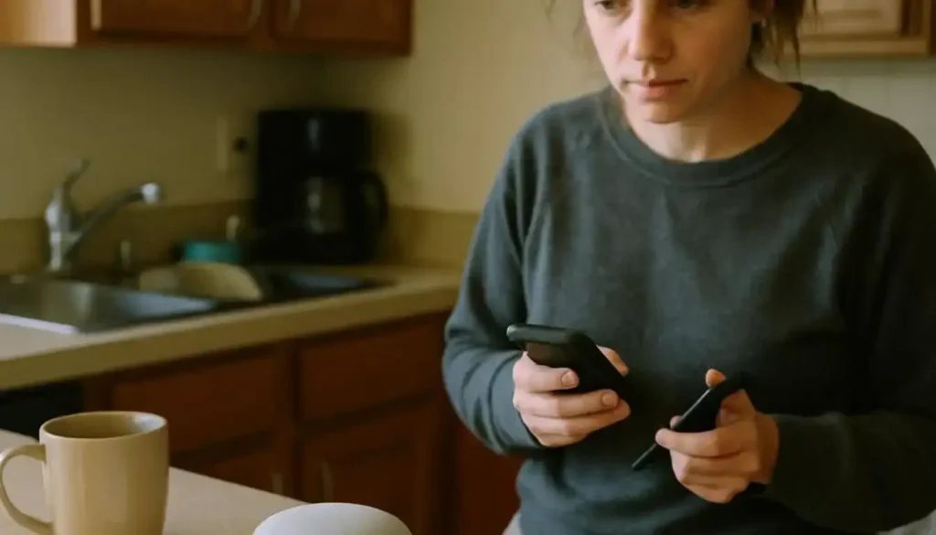 A Cluttered Kitchen Countertop With A Smart Home Assistant, Everyday Items, And A Person In A Casual, Busy Morning Setting. basic ai tools for everyday use-benefits of using ai tools for everyday tasks