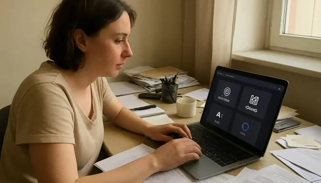 A Woman In Her Mid-30S Sits At A Messy Desk, Focused On Her Laptop And Surrounded By Office Stuff. basic ai tools for everyday use-what are- basic ai tools