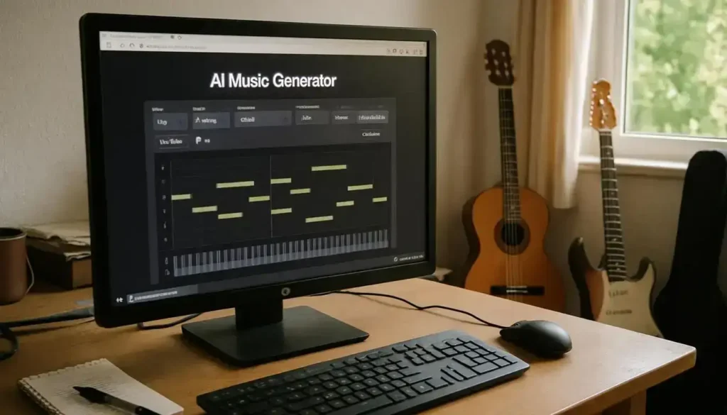 A Home Workspace With Ai Music Software And Casual Clutter. best ai tools for music production benefits of using ai tools for music production
