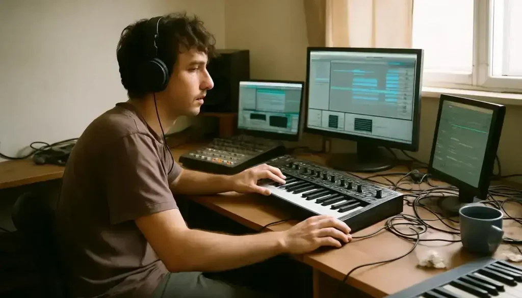A Young Artist Working In A Cluttered Music Studio Space. best ai tools for music production-mixing and mastering