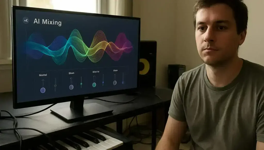 A Casual Snapshot Of A Person Using Ai Mixing Software At Home. best ai tools for music production-the role of ai in music production
