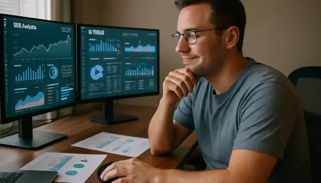 A Person Working At A Computer Desk With Multiple Monitors. best free seo ai tools-why use ai tools for seo