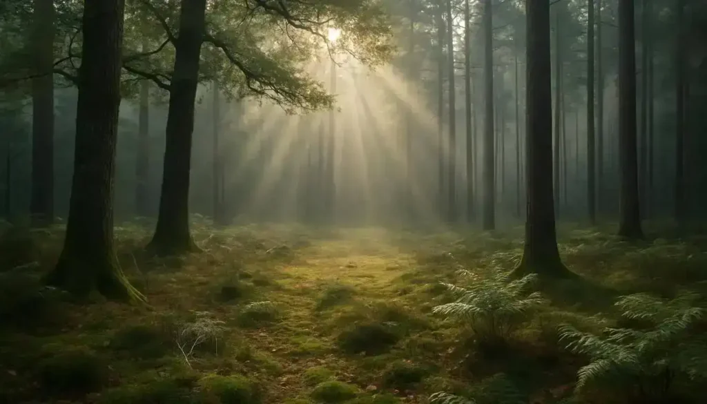 A Tranquil Forest Clearing With Misty Morning Light And Lush Green Foliage. best prompt for ai image generator-why are good prompts important for ai image generators