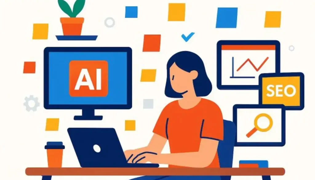 A Modern Woman Working At A Cluttered Home Office Desk. free ai tools for marketing-free ai tools for seo and analytics