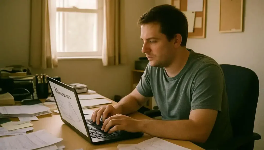 A Man In His 30S Works On Digital Teaching Materials At His Messy Home Office Desk. innovative ai tools for education -ai tools for content creation