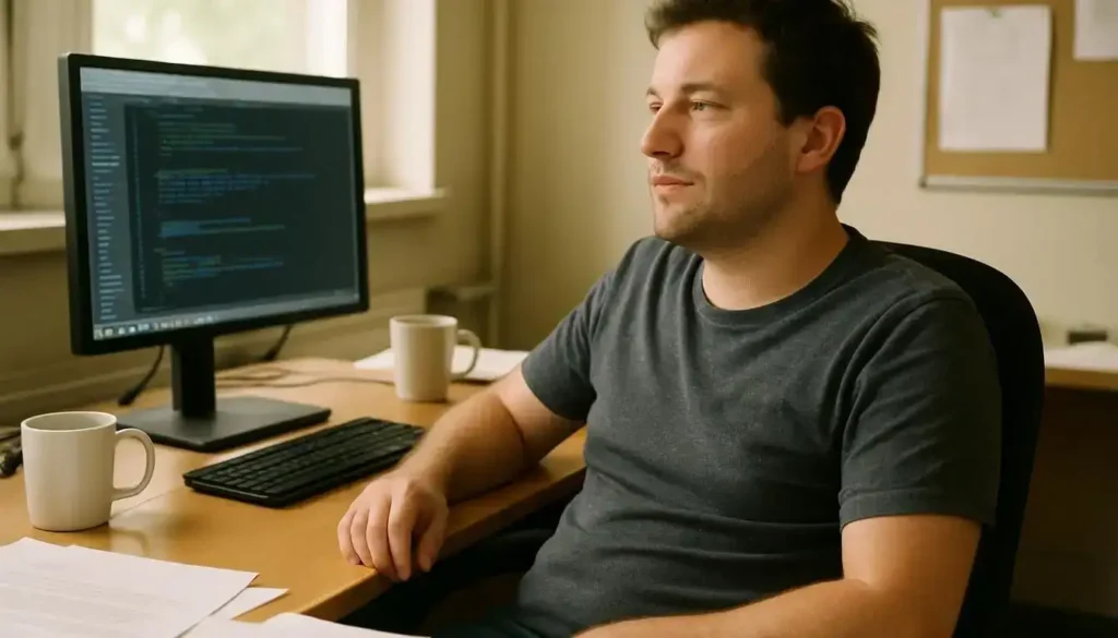 A Man In His Mid-30S Is Sitting At A Cluttered Desk In A Regular Office Working On His Computer. innovative ai tools for education-ai tools for course development