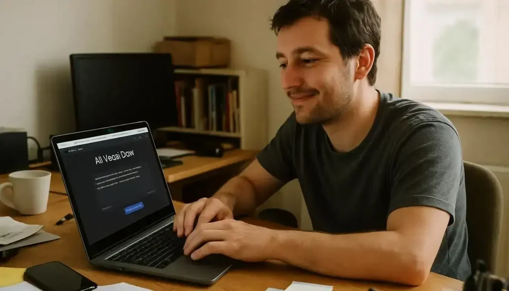 A Mid-30S Man Works On His Cluttered Home Desk With A Laptop And Ai Voiceover Software. innovative ai tools for education-ai tools for voiceovers