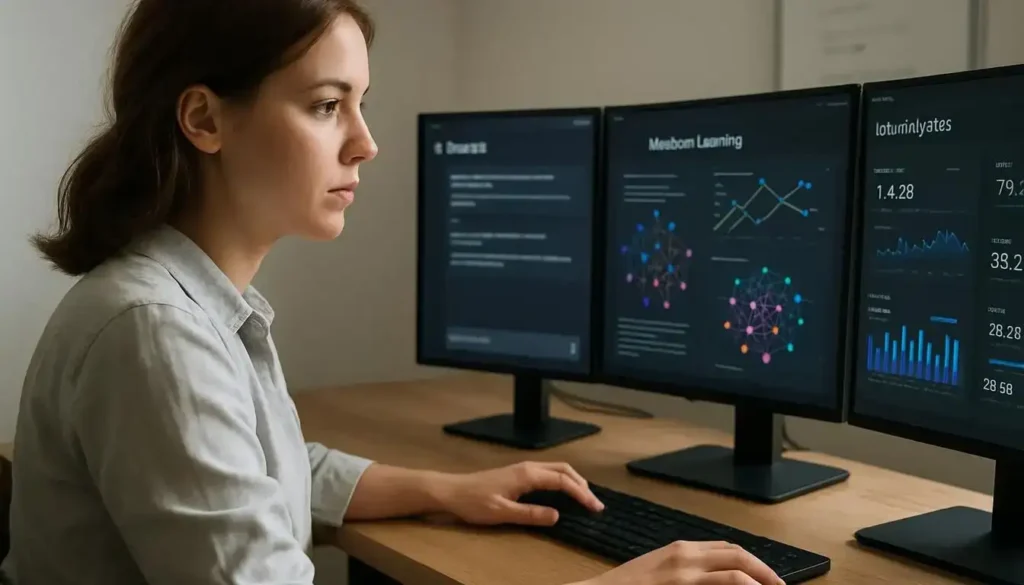 A Young Woman Sits At A Clean Desk, Working With Ai Tools On Multiple Computer Monitors. learn ai tools 5 amazing ways to learn ai tools