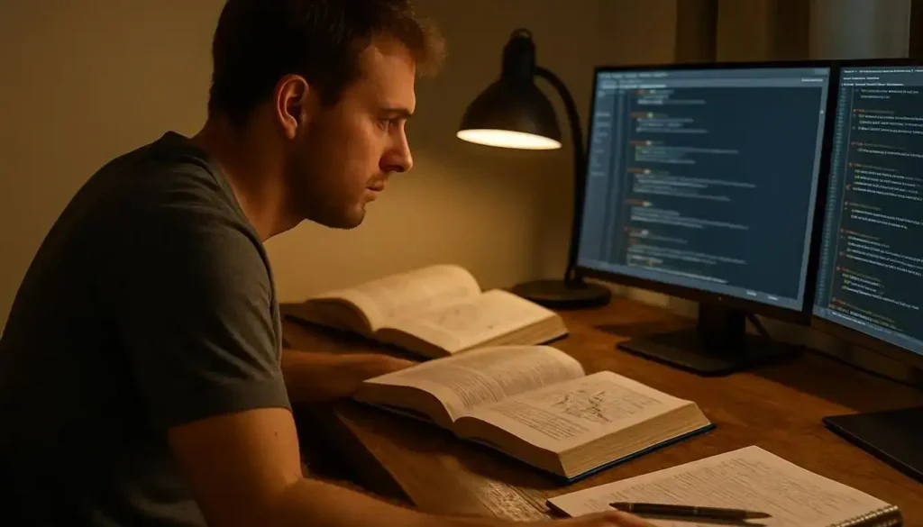 A Man Seated At A Cluttered Desk, Working On Artificial Intelligence Programming With Intense Concentration. learn ai tools-understanding the basics of ai