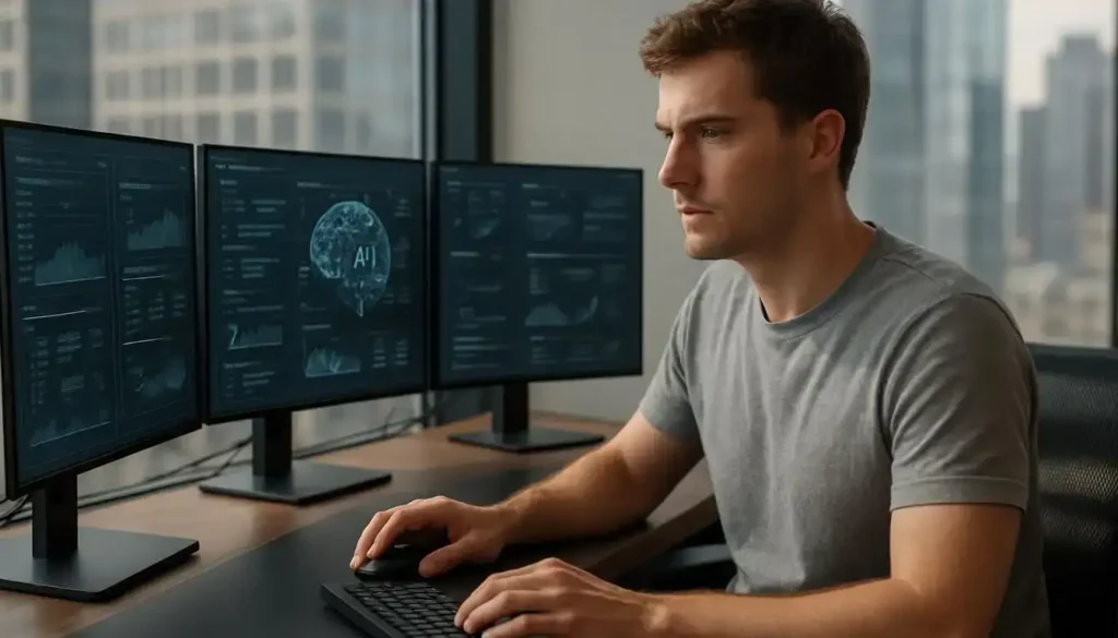 A Man Sits At A Sleek, Modern Desk In An Office, Focusing On Multiple Monitors With Data Visualizations. learn ai tools why should you learn ai tools