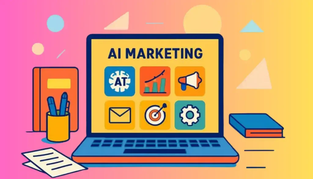 A Minimalist Workspace With A Laptop Displaying Ai Marketing Tools Icons. the free ai tools for marketing